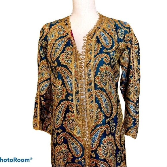 Blue Paisley Kaftan with Metallic Gold Brocade - Picture 2 of 15